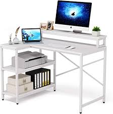 L shaped computer desks for small spaces. Amazon Com L Shaped Desk With Storage Shelves Tribesigns Rustic Corner Desk Study Writing Workstation With Monitor Stand Riser For Home Office Small Space White Kitchen Dining