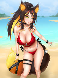 sinder (vtuber), indie virtual youtuber, commentary, english commentary,  highres, 1girl, :p, animal ear fluff, animal ears, beach, bikini, black  nails, breasts, brown hair, cleavage, ear piercing, flame