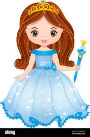 Schöne rothaarige Prinzessin trägt langes blaues Kleid und hält Zauberstab.  Vektorprinzessin Stock-Vektorgrafik - Alamy