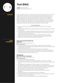 The interactive résumé resource contains a sample résumé on which you can click each section to learn more about the different sections of the résumé and how to write each section of the résumé. Security Guard Professional Resume Sample Kickresume