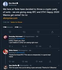Elon musk, who is unarguably the world's foremost entrepreneur, has finally made his section mention of ethereum (eth). Elon Musk Official Eth And Btc Giveaway People Lost 13000 Till Now Since Last Two Days Scams