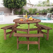 6 Person Outdoor Wooden Round Picnic