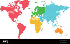 Illustration vectorielle de la carte du monde vierge de politique avec  différentes couleurs pour chaque continent et isolée sur fond blanc.  Modifiable et clairement étiqueté Image Vectorielle Stock - Alamy