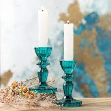 Teal Blue Glass Candlestick Holders