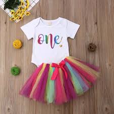 Baby Girls 1st Birthday Outfit Romper Bodysuit Rainbow Tutu Tulle Lace Skirt Dress Bowknot