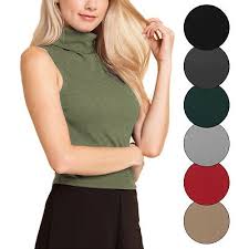 Womens Basic Fitted Sleeveless Turtleneck Crop Top Made In