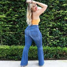 Womens Plus Size Flared Bell Jeans Skinny Denim Pants High Waist Retro Trousers