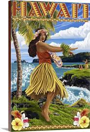 Hawaii Hula Girl On Coast Retro Travel