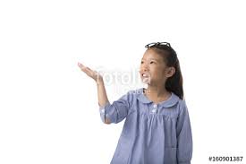 Little Asian Girl Wear Glass Smiling And Lift The Empty Hand Isolate