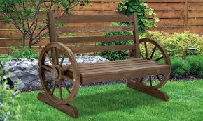 off wooden and wagon wheel garden bench