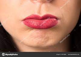 macro close lips sad young woman stock