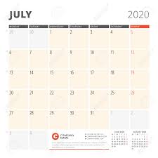 Calendar Planner For July 2020 Stationery Design Template Week
