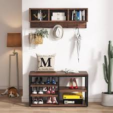 Brown Hall Tree Shoe Storage Cabinet