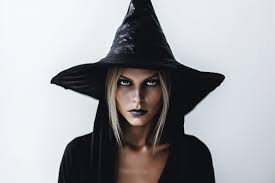 a woman wearing a black witch hat and