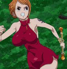 nami (one piece), one piece, animated, animated gif, 1girl, bare arms, bare  shoulders, bouncing breasts, breasts, brown eyes, curvy, female focus,  forest, holding, holding weapon, huge breasts, jiggle, nature, open mouth,  orange