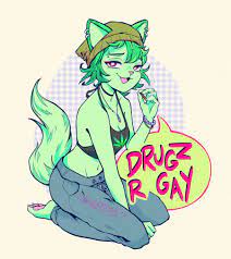 ashleyloob, sprigatito, creatures (company), game freak, nintendo, pokemon,  1girl, :d, animal ears, artist name, bare arms, bare shoulders, barefoot,  breasts, cat ears, cat girl, cat tail, cigarette, cleavage, collarbone,  colored skin, drugs,