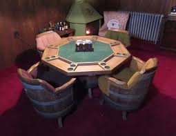 Card/poker table, dining table, bumper pool table. Whiskey Barrel Back Swivel Chairs Barrel Base Poker Card Table Sold For My Generation