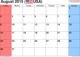 August 2015 Calendars For Word Excel Pdf