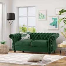Noble House Aaniya Velvet Tufted Chesterfield Loveseat Sofa Emerald