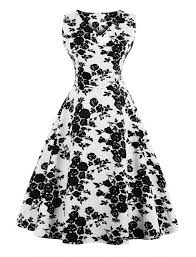 1950 S Vintage Style V Neck Sleeveless Floral Dress White