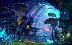 fantasy village colors art mushrooms