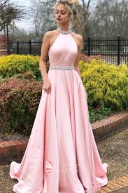 Light Pink Satin Beaded Halter Long Puffy Prom Dress Lunss