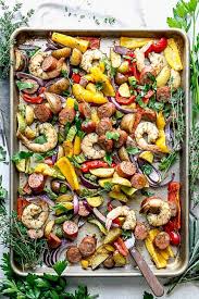 Bake, switching the baking sheets halfway through, until the vegetables. Shrimp And Sausage Healthy Seasonal Recipes