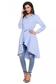 Light Blue Belted Striped Lapel High Low Blouse Shirt Top