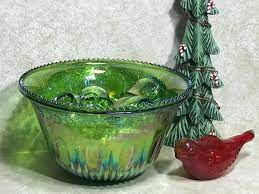 Punch Bowl Cups Green Carnival Glass