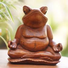 Wood Sculpture Meditating Frog