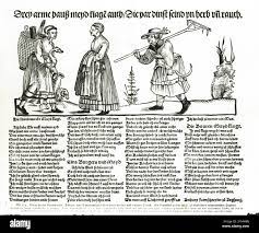 Hieronymus Andreae (died 1556). Action of threesome maids (craft citizen  and farmers gag) about their tart and harsh service, woodcut, around 140  Stock Photo - Alamy