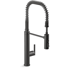 As you raise the wand to dock it, the magnet embedded in the spout pulls the wand precisely into place. Kohler K 24982 Bl Matte Black Purist 1 5 Gpm Single Hole Pre Rinse Kitchen Faucet With Sweep Spray Docknetik And Masterclean Technologies Faucetdirect Com