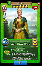 196% damage, dot 225 damage/5 turns, stack increases by 300 up to max 825 damage. Frigg Empires And Puzzles Hero Allheroes