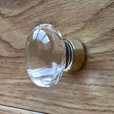 Oval Clear Glass Cupboard Knob Brass