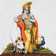 Hindu God Krishna With Cow, Peacock ...