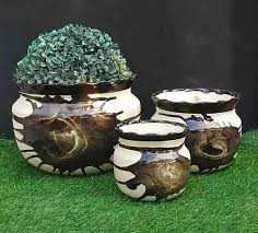 Brown Round Glossy Ceramic Garden Pot Set