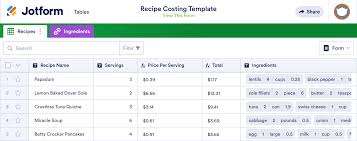 recipe costing template jotform tables