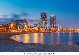 Barceloneta is the city's most famous (and traditional) beach. Barceloneta Beach In Barcelona At Sunset Spain Barceloneta Beach In Barcelona At Night Catalonia Spain Canstock