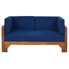 urtr patio extendable wooden sofa natural acacia wood outdoor loveseat sofa daybed for balcony poolside with blue cushion