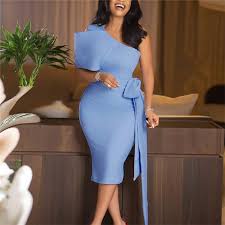 2020 Women Bodycon Dress One Shoulder With Bowtie Waist Belt Light Blue Elegant Slim Vestido African Event Celebrate Occasion Dresses From Nancypeng422 16 09 Dhgate Com