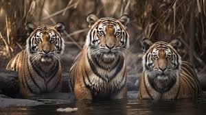 three tigers are sitting in the water