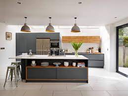 grey cabinets white tile floor and