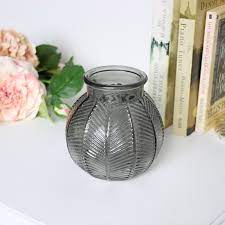 small grey leaf print glass vase