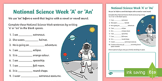 Science worksheets and online activities. Free National Science Week 2019 A Or An Worksheet