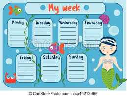 Kids Timetable With Cute Mermaid Character Weekly Planner For Children Girls School Schedule Design Template