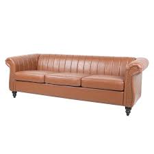 84 In W Rolled Arm Leather Straight Traditional 3 Seat Sofa In Brown