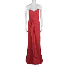 Badgley Mischka Red Ruched Draped Silk Strapless Maxi Dress M