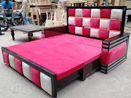 Velvet 4 Seater Pink Sofa Cum Wooden Bed