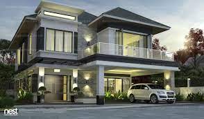 Modern house with garden swimming pool and wooden deck. Nest Architecture Project Modern Villa Design Sunway House Plans 103005