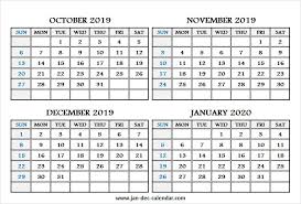 Four Month Calendar October To January 2020 Printable Template
